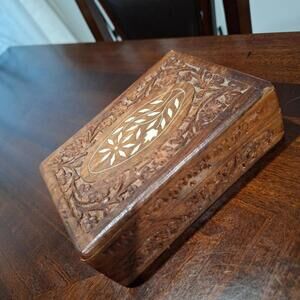 Vintage India Carved Wood Inlay Trinket Jewelry Box Pier 1 Hinged Blue Lined